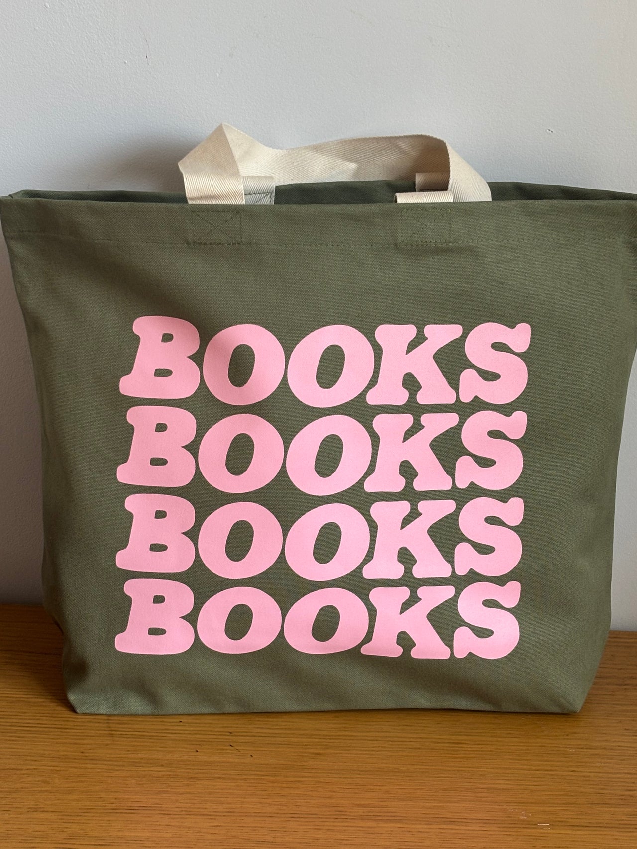 Olive Green ‘Books, Books, Books, Books’ Thick Canvas Bag, UK Made
