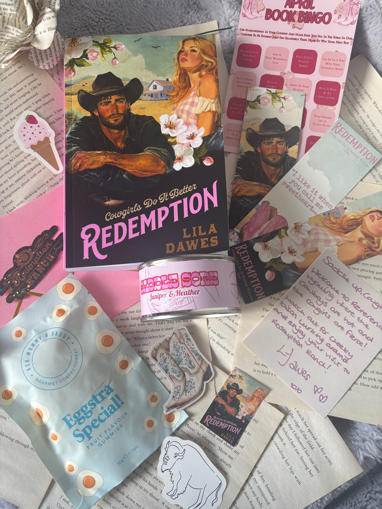 Redemption by Lila Dawes Book Box, includes book, bookmarks, stickers, author note, sweets and candle
