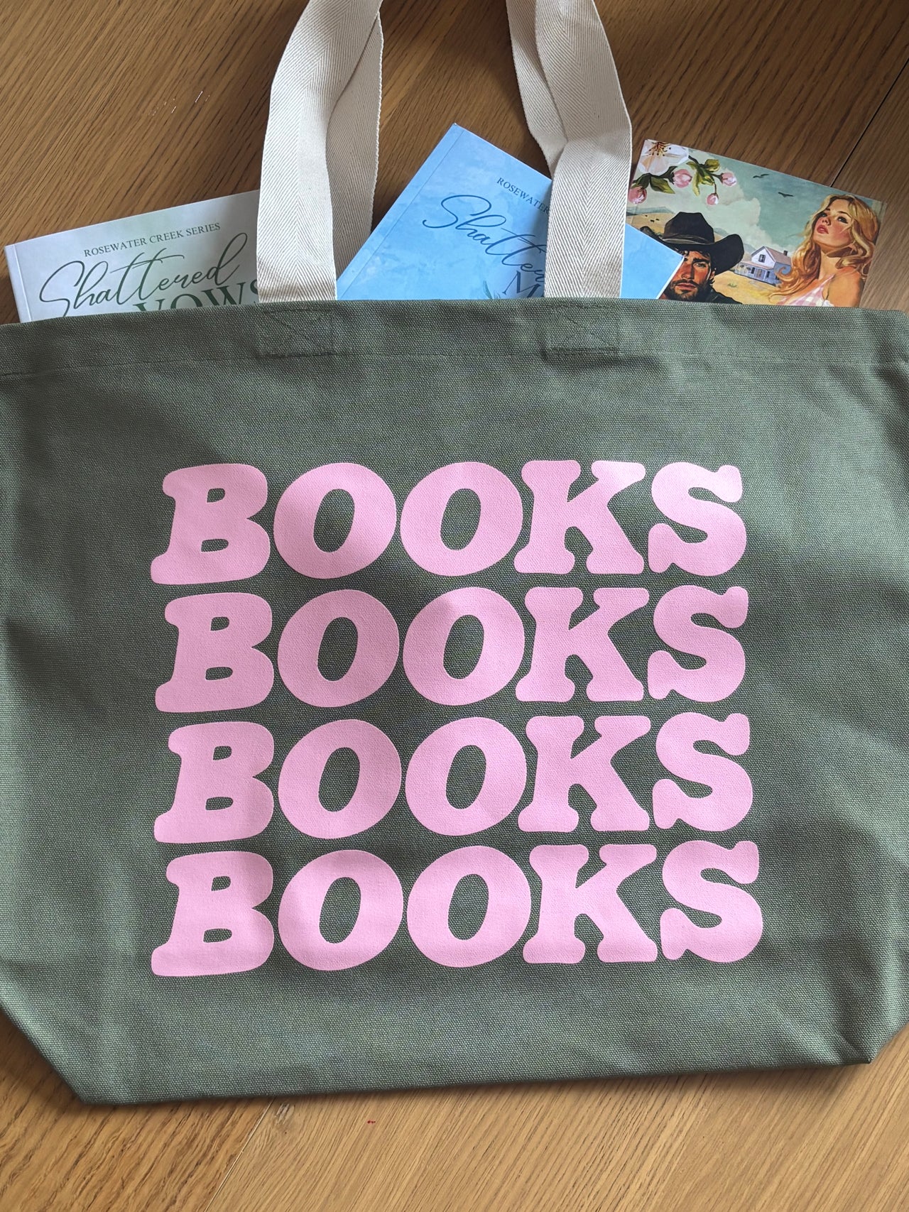 Olive Green ‘Books, Books, Books, Books’ Thick Canvas Bag, UK Made