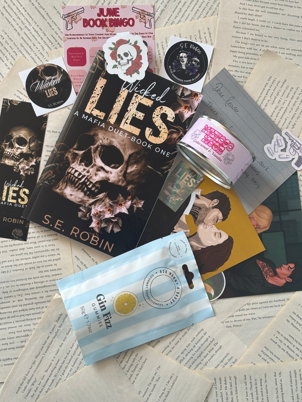 Wicked Lies by S.E Robin Book Box, includes book, bookmarks, stickers, author note, sweets and candle