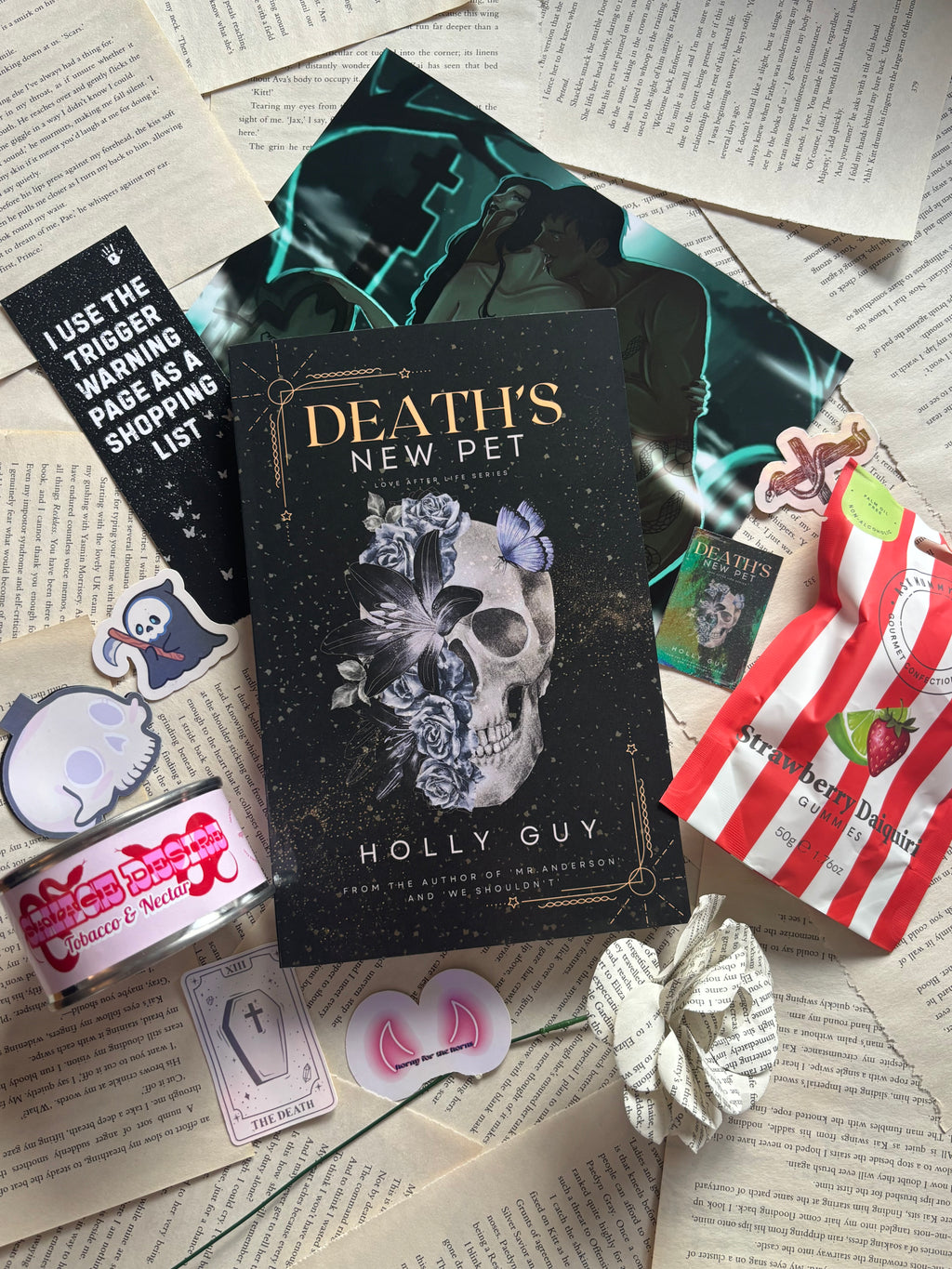 Death’s New Pet by Holly Guy Book Box, includes book, bookmarks, stickers, author note, sweets and candle